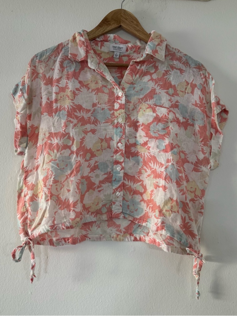 Linen Blend Pastel Floral Collared ButtonUp Tie-Hem Shirt Women’s L Cottage Boho